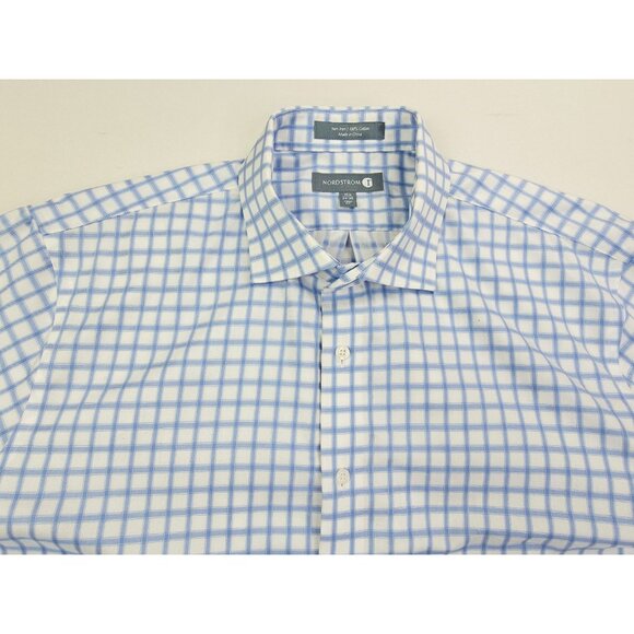 Nordstrom Non Iron Trim Fit 16.5 34-35 Mens Blue White Check French Cuff Shirt - Picture 9 of 9